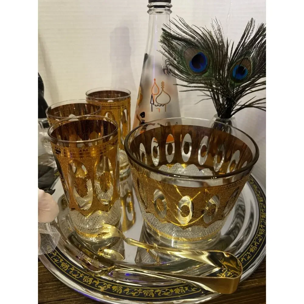 Vintage Gold MCM Libby Bar Set | 3 Glasses | Ice Bucket | Atomic Era | Mad Men